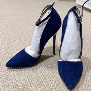 Renvy Navy Suede Pointed-Toe Stiletto Heels with Ankle Strap